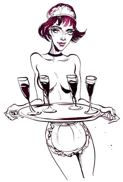 Hella la bruja, criada de Woland, de El maestro y Margarita de Mijaíl Bulgákov (dramaturgo y autor ruso, 1891-1940); dibujo a tinta, 2015 de Neale Osborne